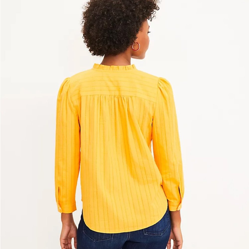 LOFT | Striped Ruffle Tie Neck Blouse | Honey Yellow | X-Large - Picture 2 of 8